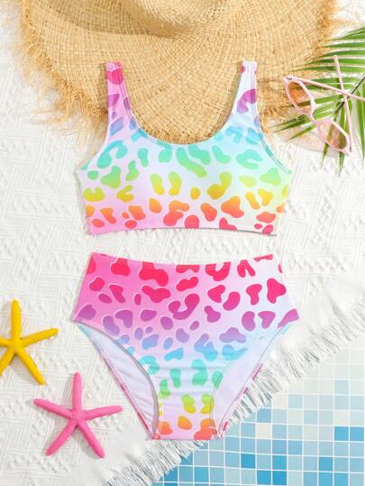 Set di 2 pezzi per bikini da ragazza pre-adolescente con stampa leopardata colorata