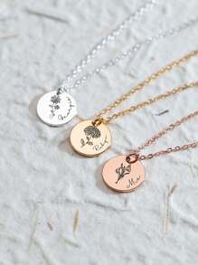 Custom Birth Flower Necklace, Engraved Name Necklace, Stainless Steel Round Pendant Dainty Floral Necklace, Handmade Jewelry,Personalized Gifts,Christmas Gifts Thanksgiving Gifts Valentine's Day Gifts Birthday Gift For Her - Gold - View 3