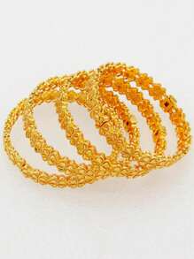 1pc Stacked 24K Gold Plated Heart & Four Leaf Clover Openable Bracelet, Popular Dubai & Europe Style, For Summer Wedding Season