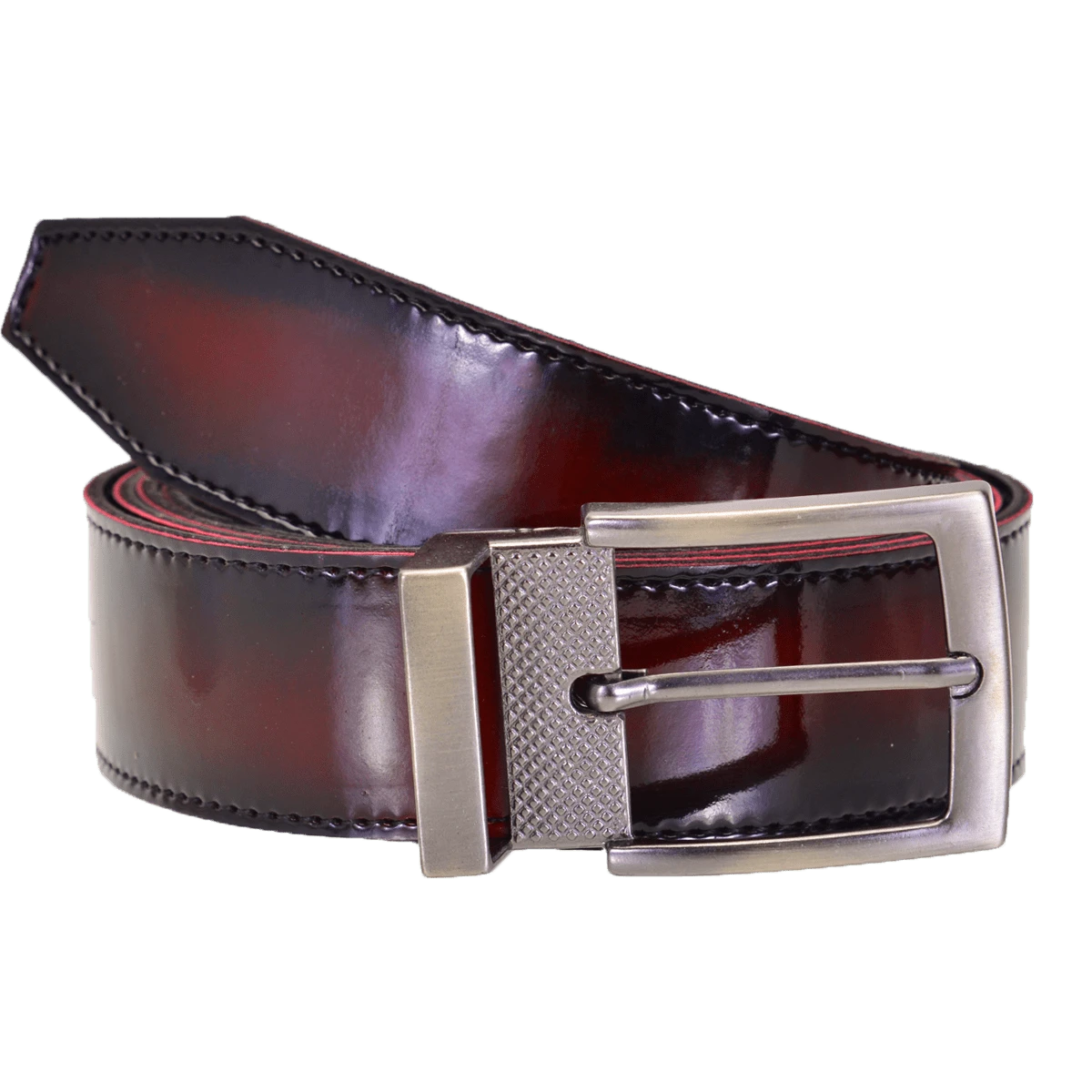 Men's Patent Leather Belt With Wine Or Black Buckle - 酒紅色 - 查看 1