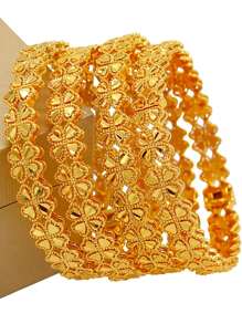 1pc Stacked 24K Gold Plated Heart & Four Leaf Clover Openable Bracelet, Popular Dubai & Europe Style, For Summer Wedding Season