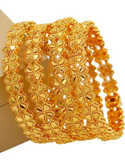 1pc Stacked 24K Gold Plated Heart & Four Leaf Clover Openable Bracelet, Popular Dubai & Europe Style, For Summer Wedding Season