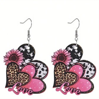 1 对木质耳环 - 独特的重叠豹纹印花、鲜艳的粉红心形向日葵、几何吊坠耳环，风格优雅迷人 - 送给情侣、朋友或家人的完美节日派对礼物，情人节、妈妈、母亲、母亲节、礼物