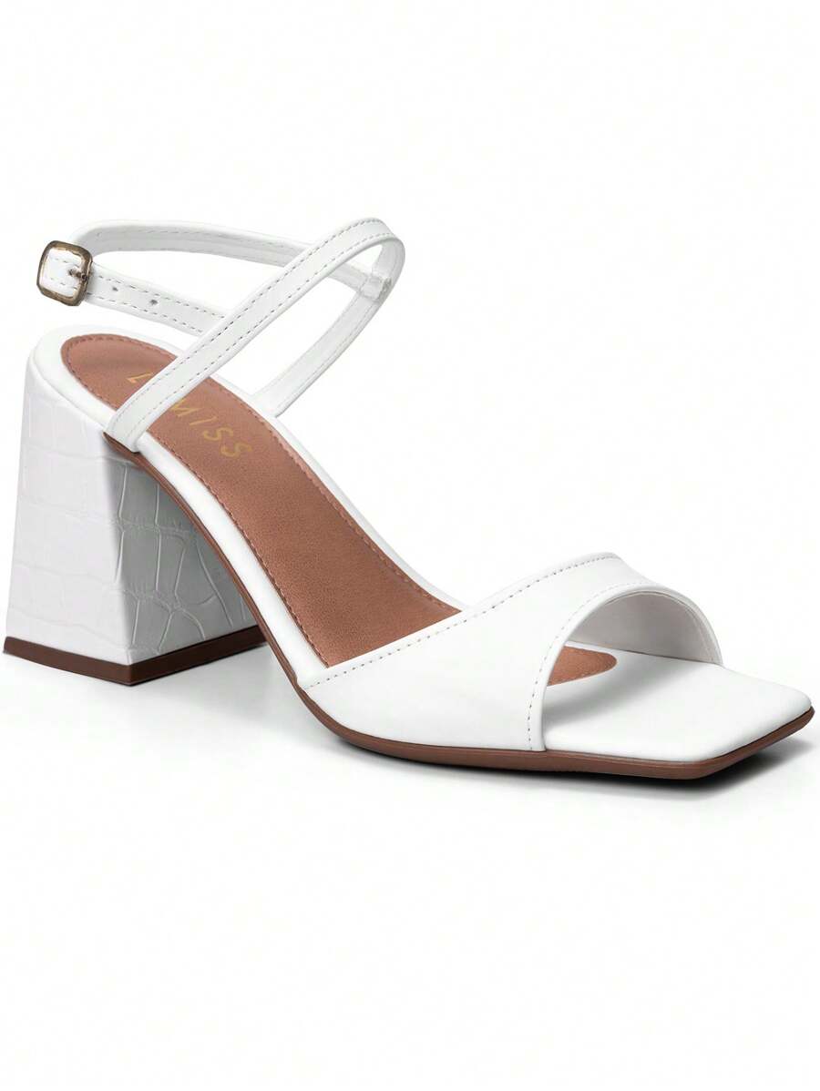 Women's Sandals With High Block Heels, Comfortable, Square Toe, Crocodile Lumiss - Blanco - Ver 1