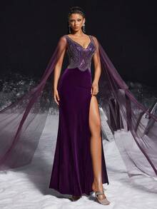 VIPGIRL 优雅紫色丝绒晚礼服，V领修身设计，配以薄纱垂褶袖和高开衩，适合正式派对、盛大晚宴、婚礼、毕业典礼和正式晚宴等场合。 - 紫色 - 查看 6