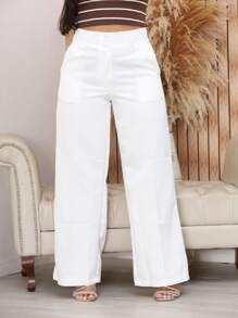 Calça  Feminina Alfaiataria LinhaPremium Pantalona Flare Bolso - Branco - Visão 1