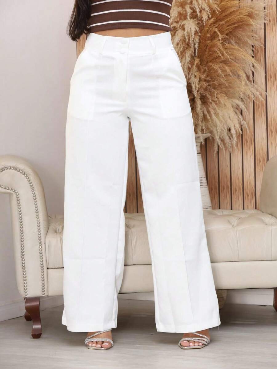 Calça Feminina Alfaiataria LinhaPremium Pantalona Flare Bolso - Branco - Visão 1