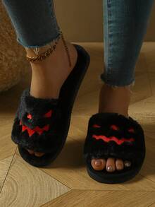Dép lông bí ngô Halloween Monster, lông mềm, đế EVA chống trượt, lựa chọn thoải mái hoàn hảo khi đi trong nhà - màu đen - Xem 2