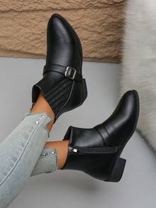 时尚靴子,简约舒适,黑色踝靴,户外和日常,后拉链靴,外贸大码36-43,低跟,尖头,黑色PU鞋面,女式踝靴和短靴,适合秋冬季 - 黑色 - 查看 4