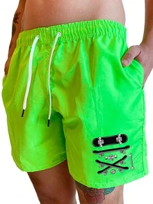 Tactel Printed Shorts "SkateBoard" Super Comfortable Premium Fabric - 青檸色 - 查看 1