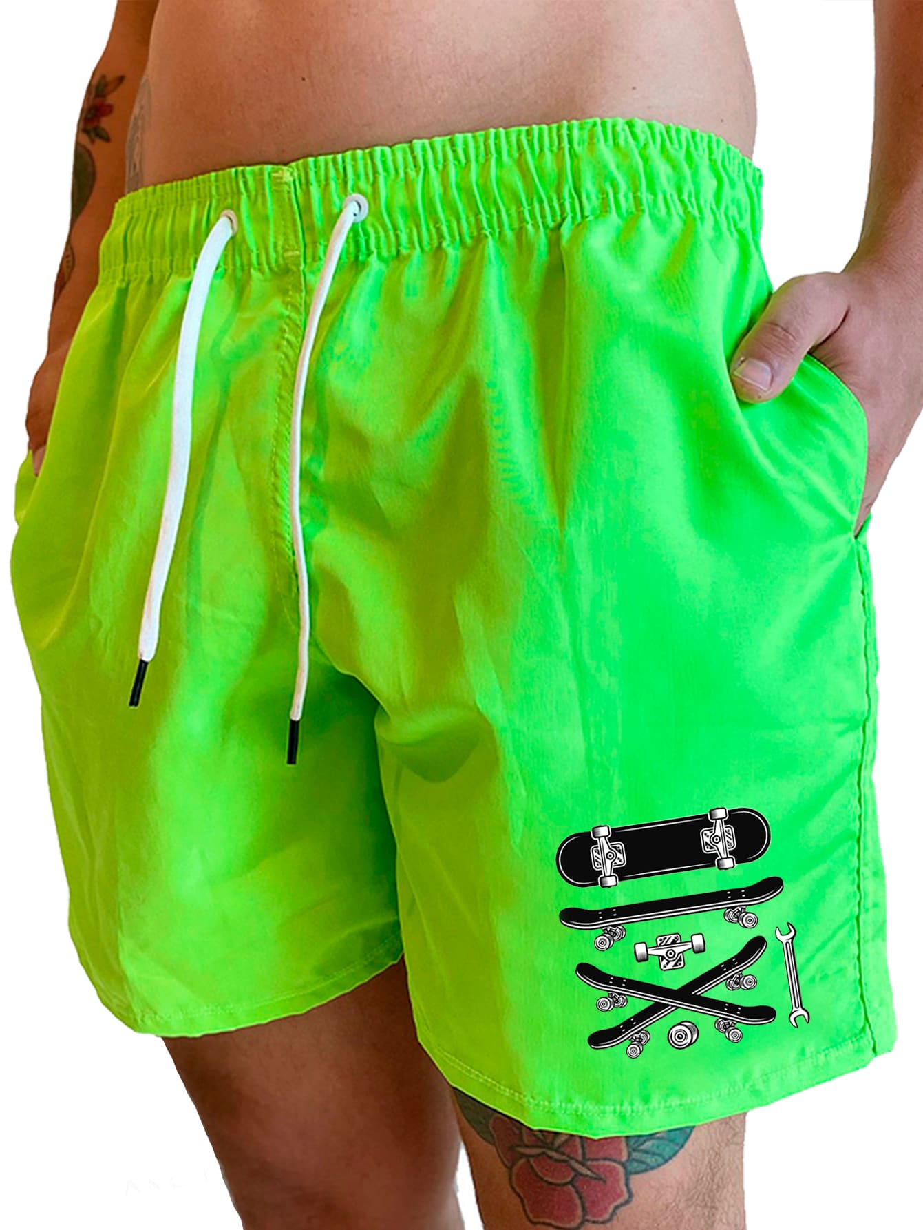 Tactel Printed Shorts "SkateBoard" Super Comfortable Premium Fabric - 青檸色 - 查看 1