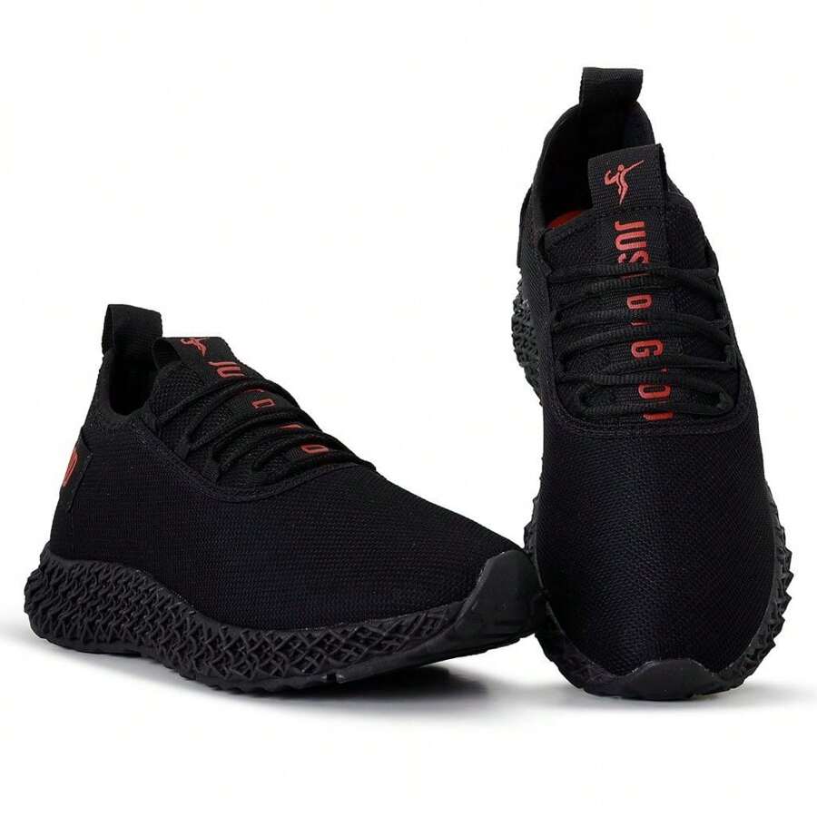 Just Black Men's And Women's All Black Sports Sneakers For Gym Walking Running Fitness And Training Super Light And Comfortable - 黑色和紅色 - 查看 1