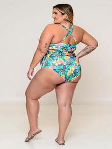 Plus Size Swimsuit With Built-In Padded Cups And Cover-Up In Aqua Green - màu xanh lá - Xem 6