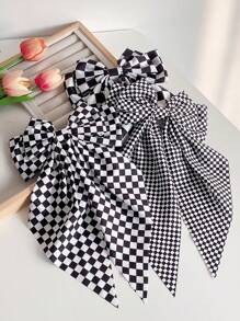1pc Kids' Black & White Checkerboard Spring Clip Bow Hairclip Checkerboard Big Bowknot Hair Accessory