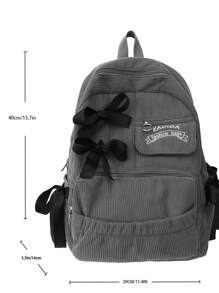 简约大容量背包带蝴蝶结装饰，时尚灯芯绒旅行包 - 灰色 - 查看 5