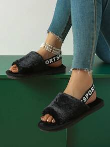 Dép đế mềm lót nhung, Giày đi trong nhà đế mềm co giãn họa tiết chữ, Giày hở mũi ấm áp và thoải mái với đế mềm mịn và dây chun, Giày lười ấm áp - màu đen - Xem 3