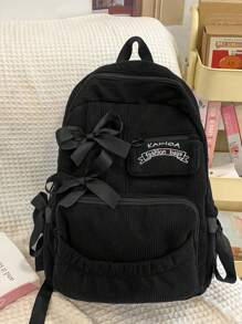 带蝴蝶结装饰的极简主义大容量背包，时尚灯芯绒户外旅行背包，青少年文学书包，女士或学生书包，非常适合书籍、购物、返校等，女性、女孩和学生的学校必备物品，与背包配件完美搭配，学院风学校背包，可爱的蝴蝶结背包返校必备品 - 黑色 - 查看 3