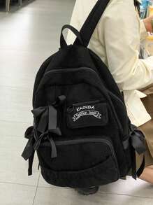 带蝴蝶结装饰的极简主义大容量背包，时尚灯芯绒户外旅行背包，青少年文学书包，女士或学生书包，非常适合书籍、购物、返校等，女性、女孩和学生的学校必备物品，与背包配件完美搭配，学院风学校背包，可爱的蝴蝶结背包返校必备品 - 黑色 - 查看 2