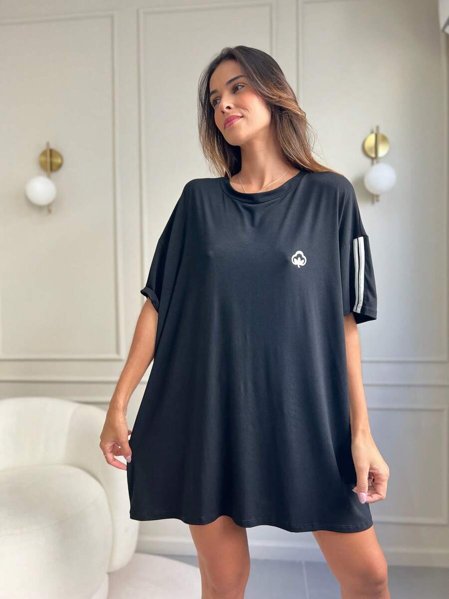 Women's Nightgown Summer Short Sleeve Nightdress Cotton Emporium - 黑與白 - 查看 1