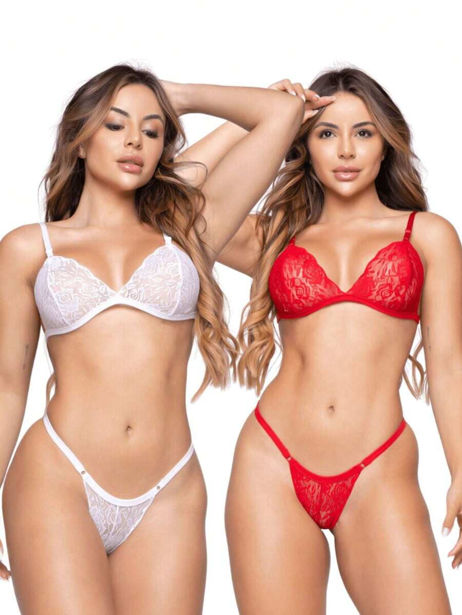 Kit 2 Set Lingerie Lace Sexy Sensual Feminine Transparent Panties Bra Promotion - trắng - Xem 1