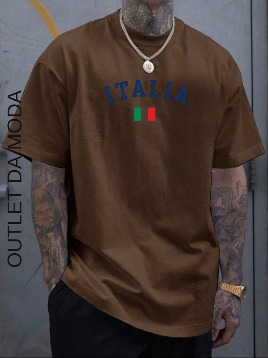 Men's ITALIA 1946 Round Neck T-Shirt 100% Cotton Shirt - 鏽棕色 - 查看 1