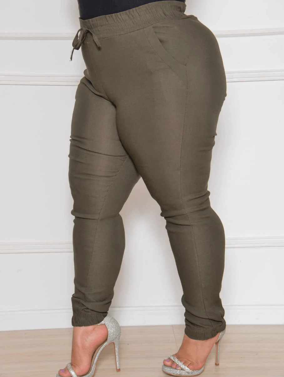 MCLUBE Skinny Bengaline Jogger Plus Size Women's High Waist Pants With Lycra Pocket - 軍綠色 - 查看 1