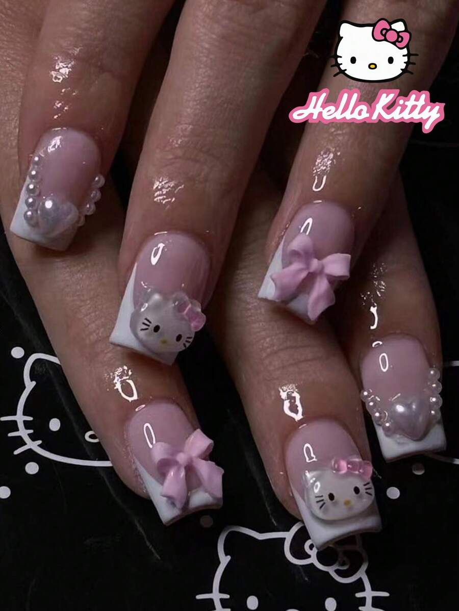 Sanrio 24 piezas de uñas postizas cuadradas medianas rosas, con lindos dibujos animados, cristales rhinestone blancos y perlas 3D, adecuadas para fiestas y uso diario de mujeres (incluye 1 pieza de pegamento de gelatina y 1 tira de esmerilado)