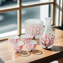 六件套手工锤樱花玻璃清酒套装，手绘透明玻璃清酒瓶套装，包括 1 个暖酒罐、1 个清酒壶、4 个清酒杯，适合热清酒或冰清酒爱好者的清酒套装 - 多色 - 查看 8
