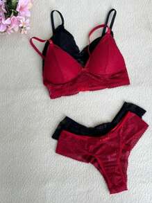 Kit Of 2 Sets Of Honey Lace Bra And Panties With Wire-Free Cup And Adjustable Straps - 紅色 - 查看 2
