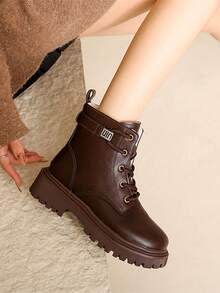 Round Toe Lace-Up Front Fashion Patchwork Boots, Thick Soles Vacation Style Women's Short Boots, Vintage Retro Booties With Round Buckle Decor - Brown - View 1