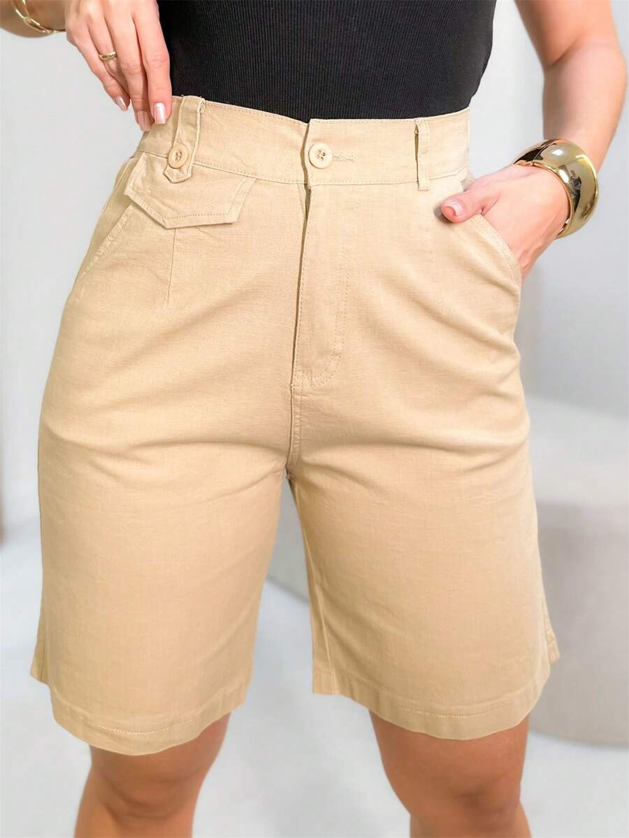 Women's Bermuda Shorts In Linen With Elastane Pockets Summer Fashion FL-Sd1115 - Màu be - Xem 1
