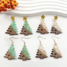1 对优雅圣诞树复古田园度假风格木质拼接吊坠耳环 - 非常适合节日派对和休闲装 - 彩色 - 查看 9
