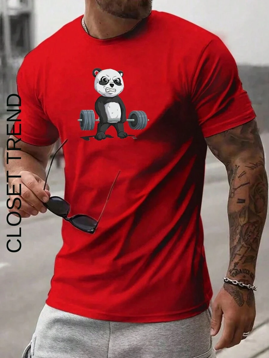 Men's T-Shirt Panda Strong Workout Streetwear Bear Premium Cotton Shirt - 紅色 - 查看 1