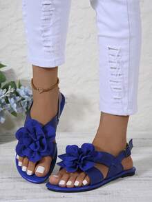 女士优雅花卉休闲凉鞋，轻便舒适凉鞋，时尚优雅的日常穿着 - 藍色 - 查看 4