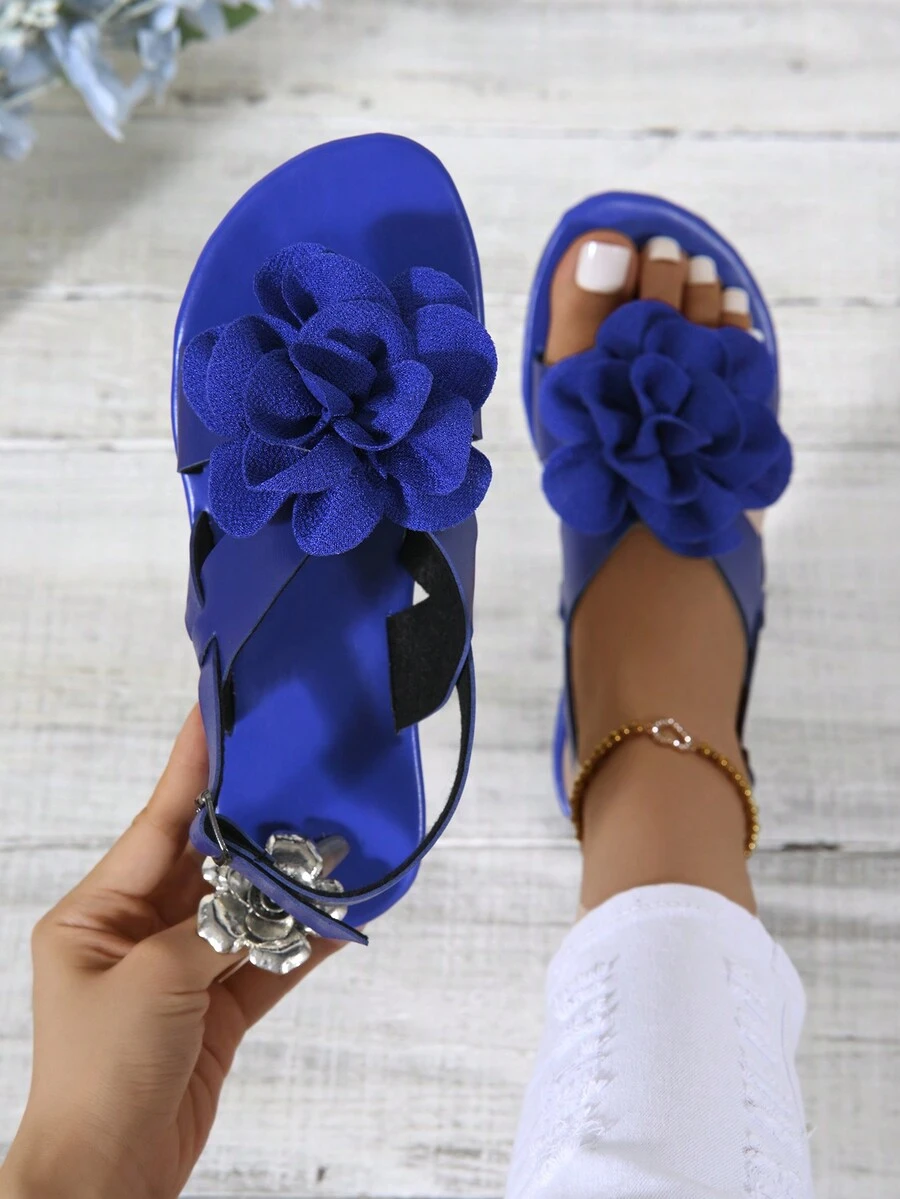 女士优雅花卉休闲凉鞋，轻便舒适凉鞋，时尚优雅的日常穿着 - 藍色 - 查看 1