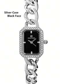Pablo Raez 1pc Ladies Watch Gold Watch Women's Elegant Stainless Steel Bracelet Watch, Silver Stainless Steel & Rhinestone Decor Rectangular Case, Black Minimalist Dial, Jewelry Clasp, Waterproof, Full Automatic Quartz Electronic Wristwatch, Suitable For Daily Life, Work, Parties, And Decoration - Silver - View 13