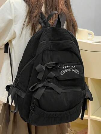 Minimalist Large Capacity Backpack With Bow Decor, Fashion Corduroy Outdoor Travel Daypack, Literary School Bag For Teens, Book Bag For Women Or Students, Perfect For Books, Shopping, Back To School And More, School Essential Stuff For Women, Girls & Students, Perfectly Matching With Backpack Accessories, Preppy Backpack For School, Cute Bow Backpack Back To School Essentials