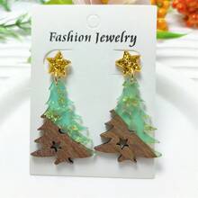 1 对优雅圣诞树复古田园度假风格木质拼接吊坠耳环 - 非常适合节日派对和休闲装 - 彩色 - 查看 2