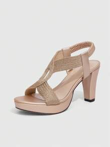 女性高跟防水平台涼鞋，時尚香檳色凉爽編織交叉帶和腳踝帶，厚跟厚底羅馬涼鞋 - 香檳色 - 查看 9