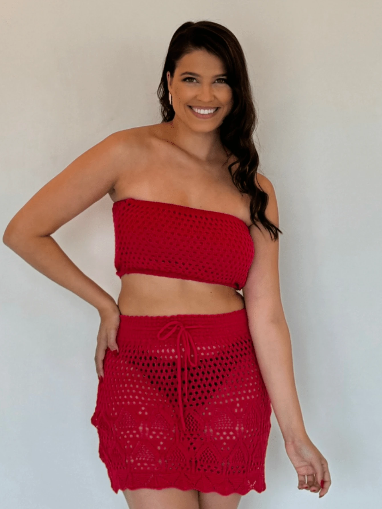 Crochet Midi Skirt Knitting Cropped Top Summer Fashion Beach Cover-Up Set Holey Strapless - 粉色 - 查看 1