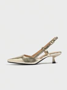 女士纯色尖头闭趾猫跟鞋，优雅舒适，适合日常穿着、派对、户外活动、通勤、秋冬季节，金色高跟鞋，优雅 - 金色 - 查看 7