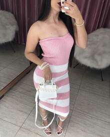 Striped Strapless Dress By Tricot Ana - 淺粉色 - 查看 1