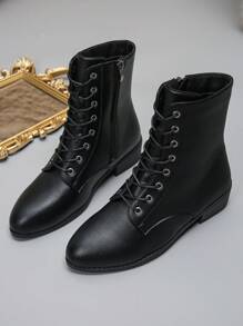 时尚黑色踝靴，舒适休闲户外靴，英伦风格系带低跟尖头 PU 皮革侧拉链女靴，加大码 36-43，完美搭配毛衣裙 - 黑色 - 查看 7