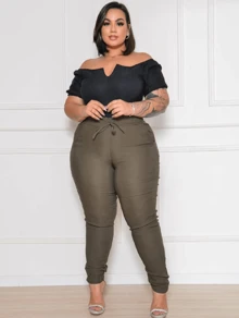 MCLUBE Skinny Bengaline Jogger Plus Size Women's High Waist Pants With Lycra Pocket - 軍綠色 - 查看 3