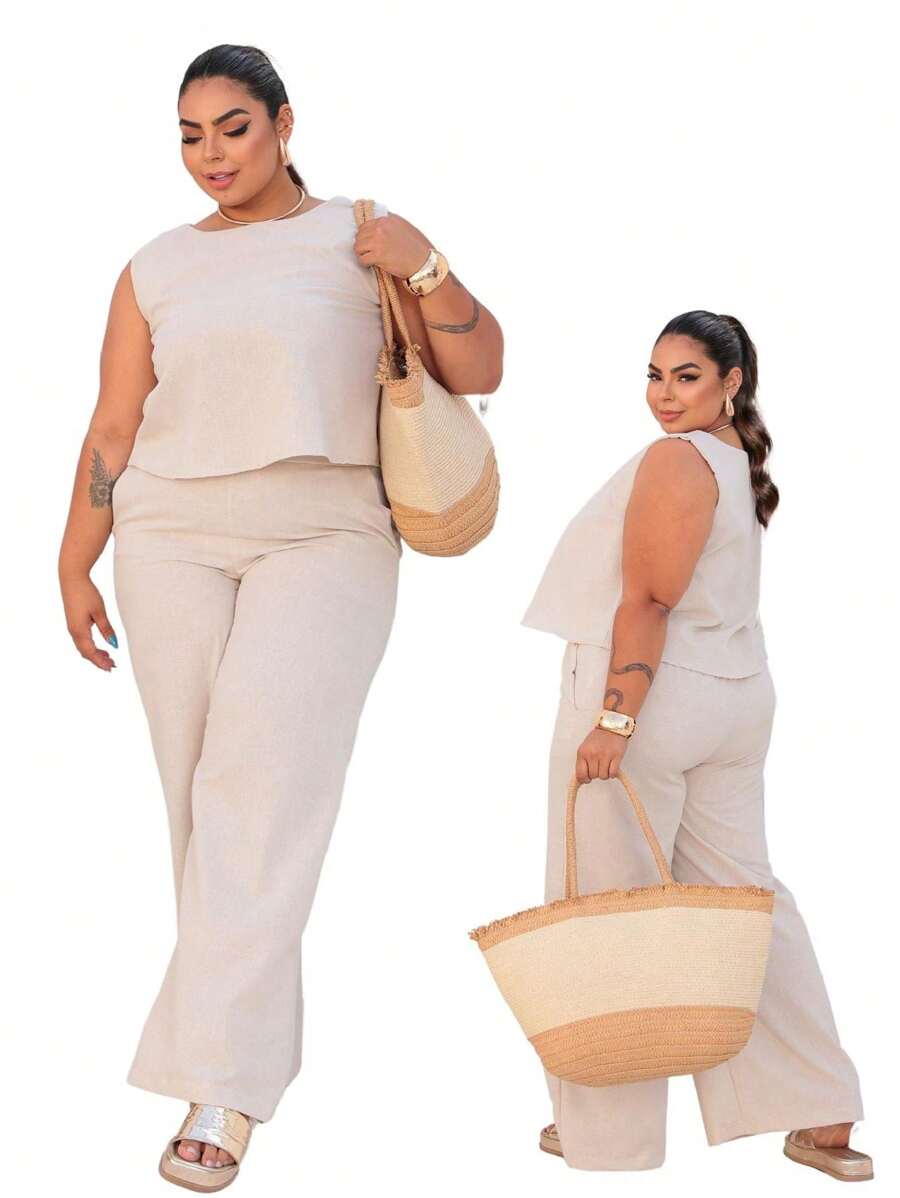 Women's Plus Size Tailored Set Blouse And Wide Leg Pants G1 G2 G3