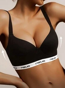 Sujetador simple, delgado y cómodo, sin aros, con efecto push-up, con hebilla lateral, que previene el pandeo, de cobertura total sin costuras, ropa interior deportiva - Negro - Ver 6