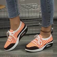 Women's Fashionable Outdoor Casual Lace-Up Knit Breathable Soft Bottom Round Toe Athletic Sneakers - Orange - View 3