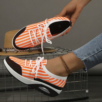 Women's Fashionable Outdoor Casual Lace-Up Knit Breathable Soft Bottom Round Toe Athletic Sneakers