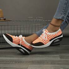 Women's Fashionable Outdoor Casual Lace-Up Knit Breathable Soft Bottom Round Toe Athletic Sneakers - Orange - View 2