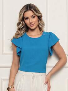 ALETHEIA - SHORT SLEEVE BLOUSE WITH FLUID SLEEVE IN DUNAS AIR FLOW FABRIC, LIGHT, FRESH AND BREATHABLE - WOMEN'S BLOUSES - 水鴨藍 - 查看 1